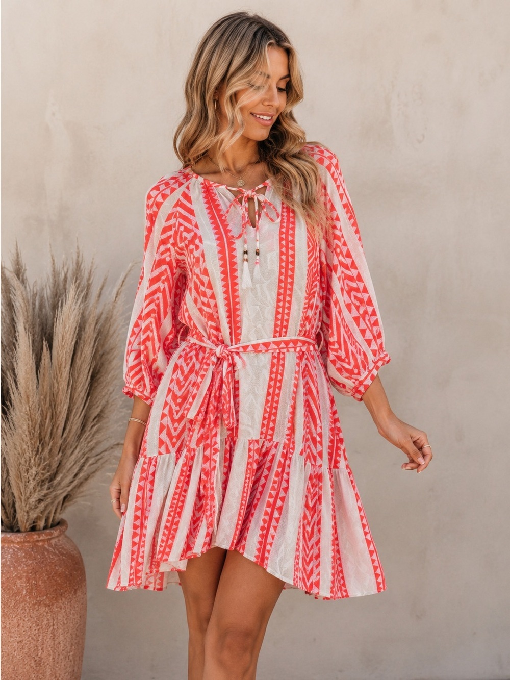 Joop and Gypsy bohemian style cotton belted dress bright coral/ off white size 8